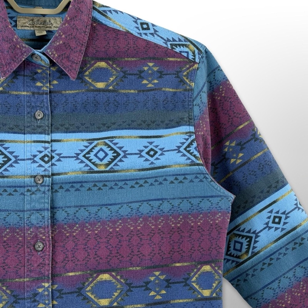Cabela's Womens L Southwestern Geometric Flannel Shirt Blue Cotton Button Up - Picture 2 of 7